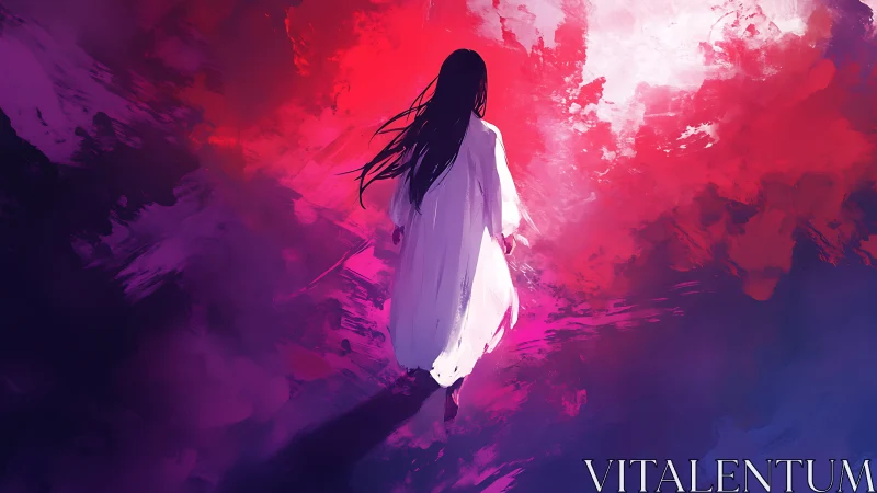 Solitary figure walks into radiant crimson dreamscape