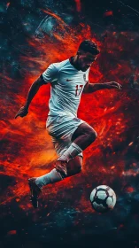 Soccer player mid-air kick framed by blazing abstract energy