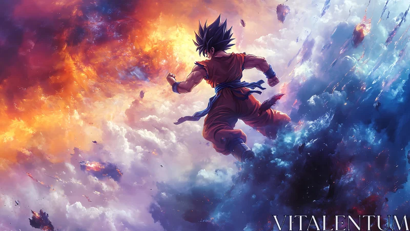 Anime warrior suspended in turbulent sky environment.