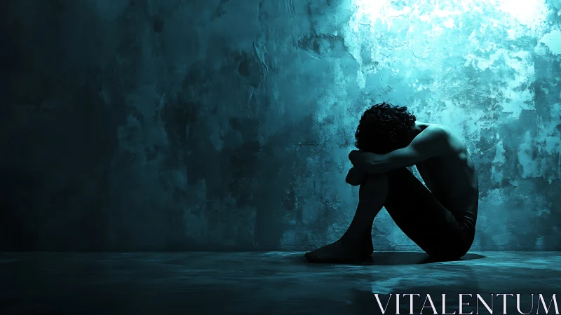 Quietly curled figure resting beneath cool blue light.