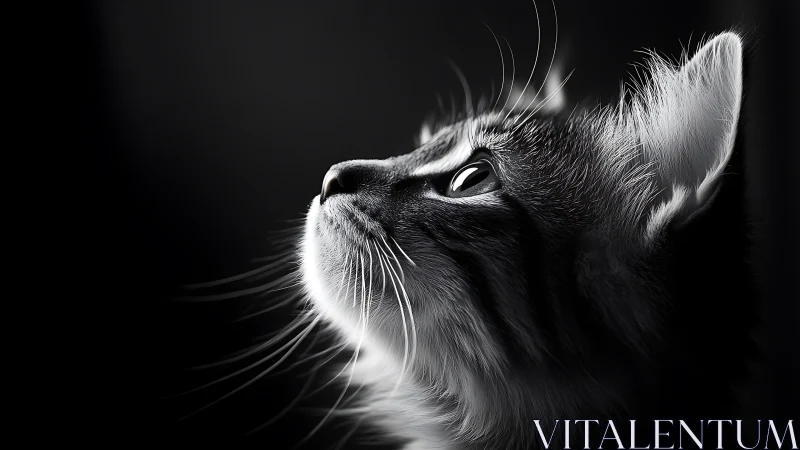 Majestic Cat Gazing Upward in Dramatic Monochrome Light.