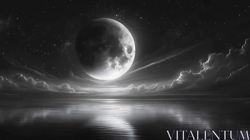 Monochrome moonrise over calm reflective ocean horizon.