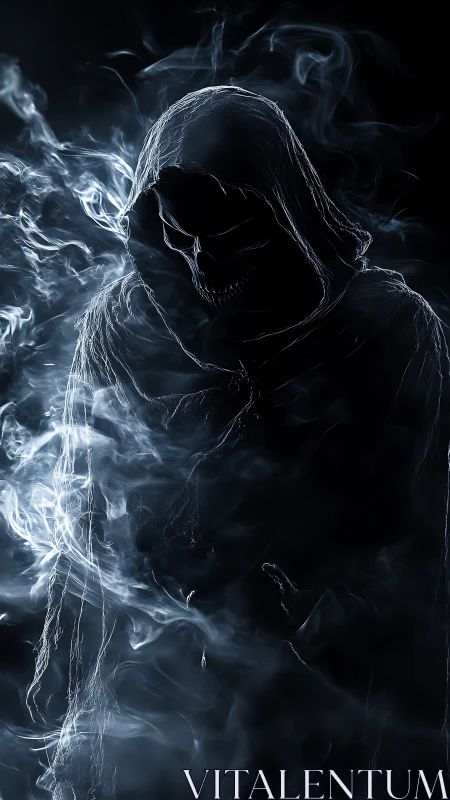 Hooded grim reaper silhouette in swirling spectral smoke.