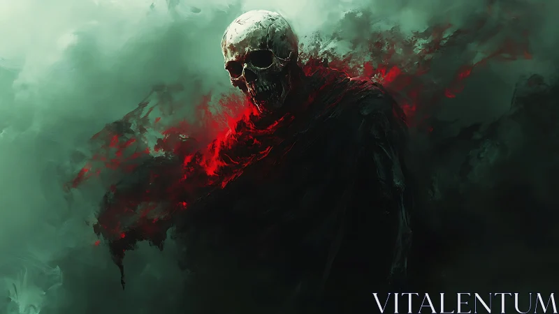 Skeletal figure in dark cloak amid red and green haze.