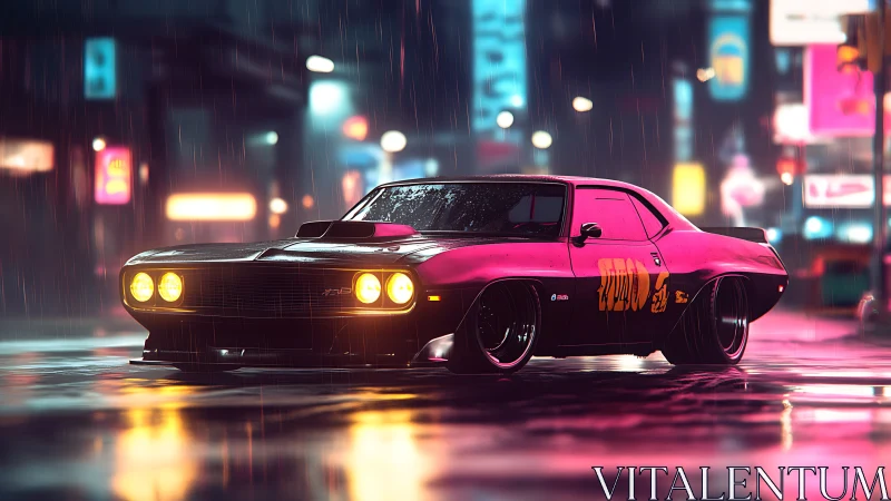 Muscle car sits in neon city street at night in heavy rain