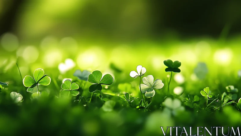 Sunlit clover leaves glow across soft green meadow bokeh