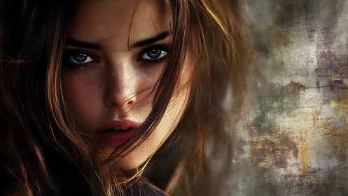 Storm-eyed muse against a weathered urban dreamscape.