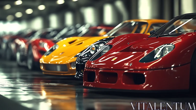 Sleek sports cars rest in a gleaming underground garage