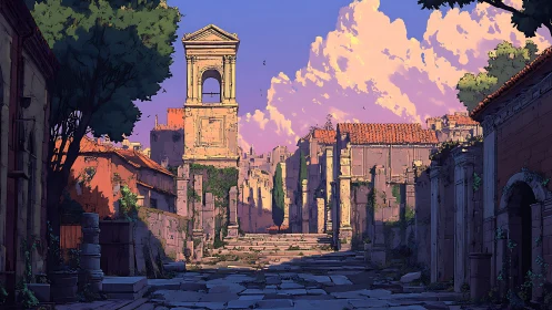 Sunlit stone arcade studies late-day color and linear depth