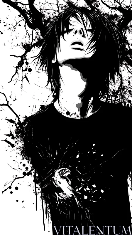 Monochrome figure dissolves into splattered ink branches.