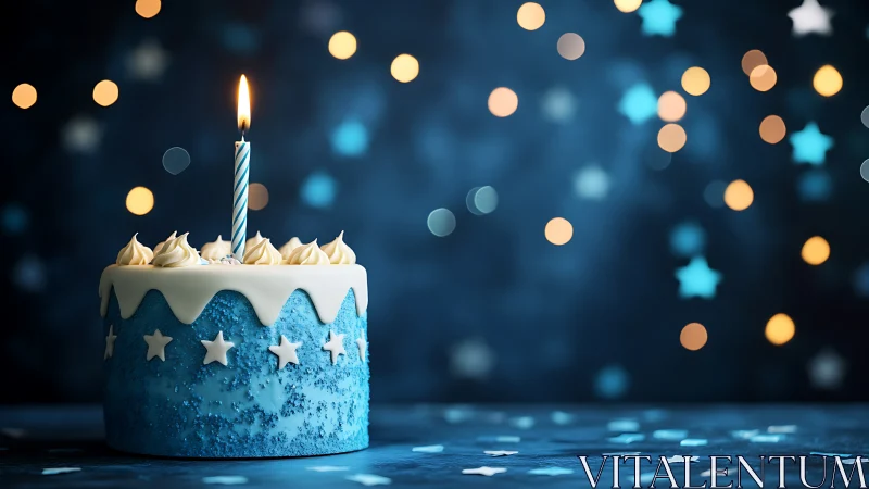 Blue Birthday Cake With Lit Candle Against Bokeh.