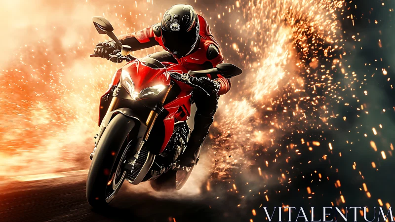 Sport motorcycle slices through sparks in dramatic night ride