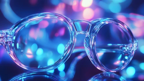 Transparent eyeglasses on neon bokeh background, modern style.