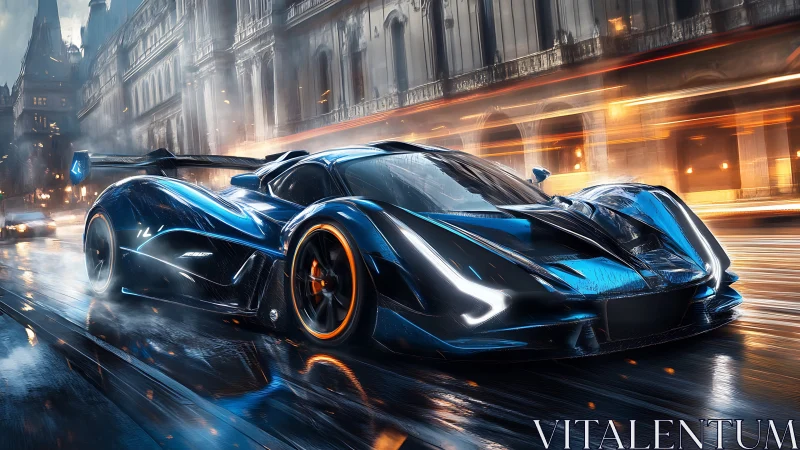 Electric hypercar slices through neon city rain at speed