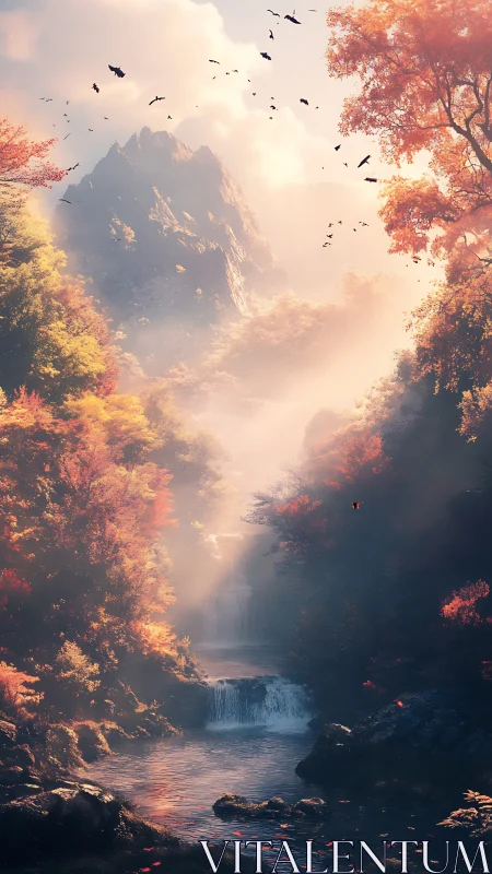 Sunlit mountain valley shows waterfall, mist and autumn forest