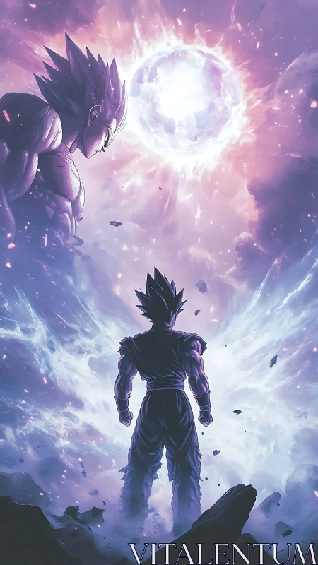 Backlit warrior silhouette under luminous energy sphere vortex