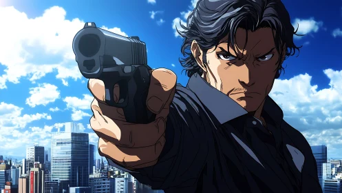 Hardened anime gunman confronts city skyline under pressure.