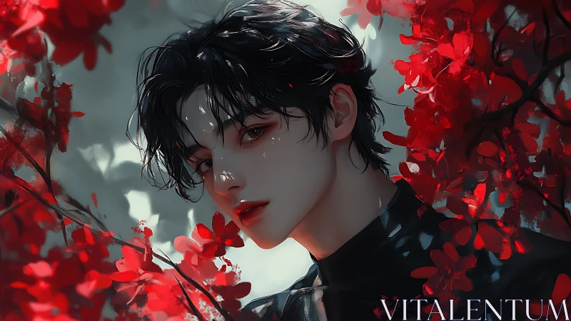 Digital painting portrait with crimson foliage framing figure.