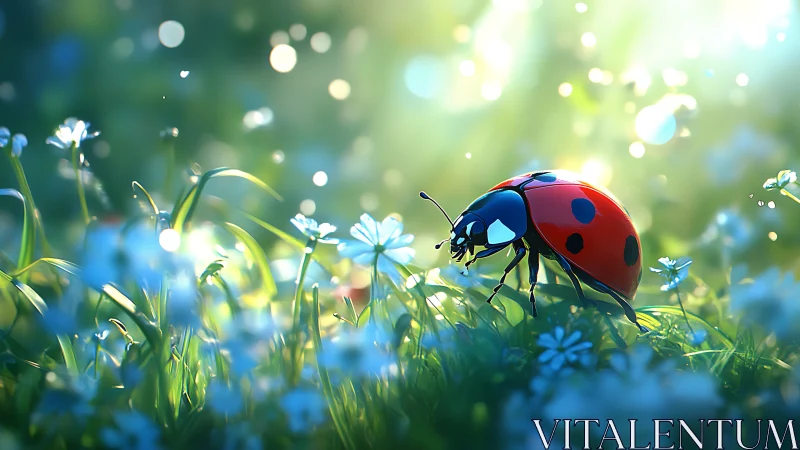 Ladybug walks through sunlit meadow of tiny blue flowers