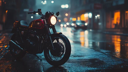 Retro motorcycle on wet neon city street at night.