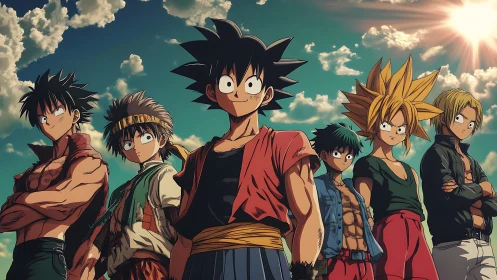 Cel-shaded anime fighters under high-contrast backlit sky.