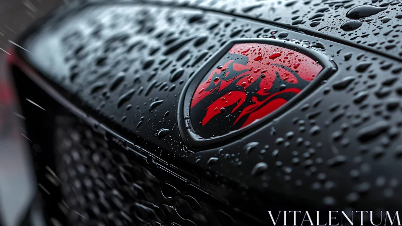 Red dragon car emblem glistens on rain-soaked black hood.