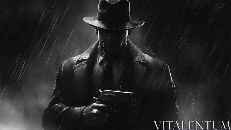 Noir detective in rain holding handgun, shadowed profile.