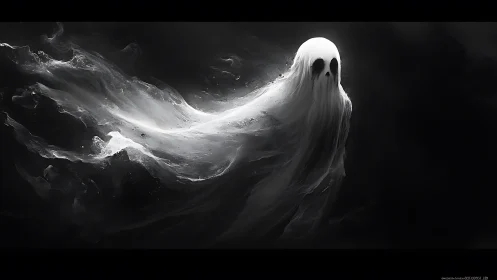 Spectral wraith drifting through swirling monochrome mist.