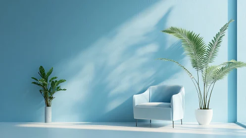 Sunlit minimalist lounge with blue armchair and potted palms