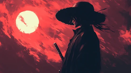 Digital painting of lone samurai silhouette under blood moon sky.