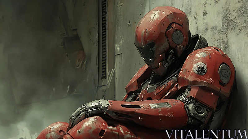 Red armored sci fi soldier sits slumped against wall