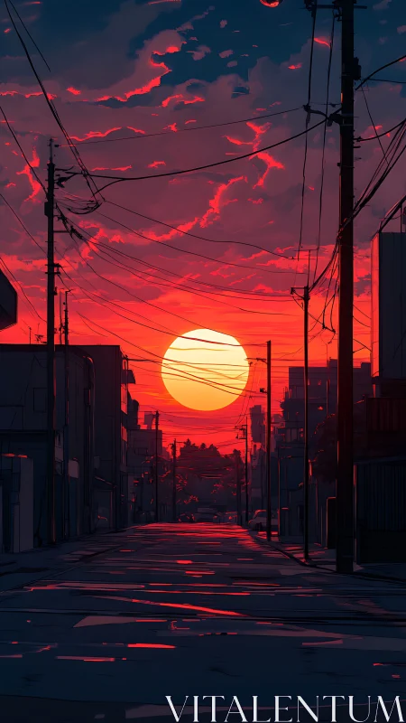 Urban backstreet sunset with utility poles and vivid red sky