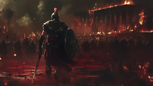 Armored warrior leads burning city siege in cinematic red light.