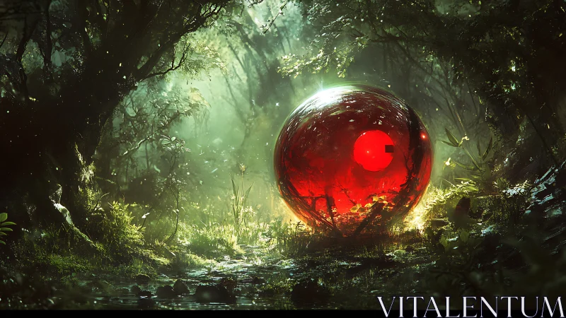 Red reflective sphere resting in dense green forest clearing.