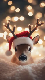 Baby reindeer wears Santa hat under glowing holiday bokeh.