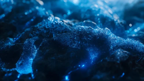 Close-up of glowing blue crystals in a dark, atmospheric style.