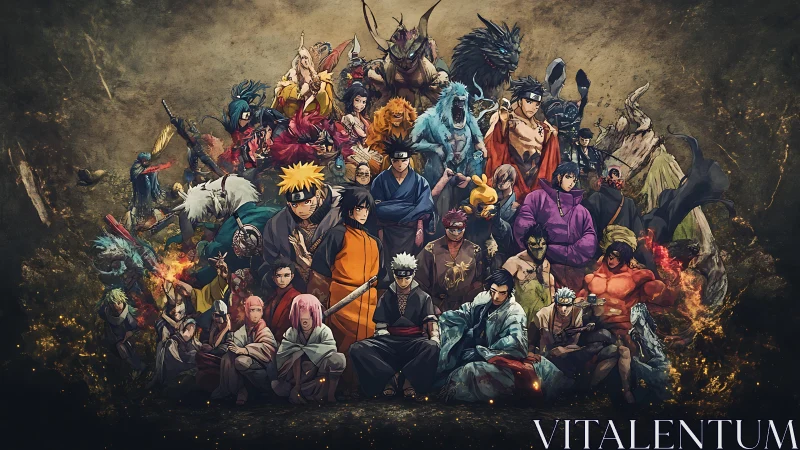 Ensemble of stylized warriors posed in dense hierarchical formation