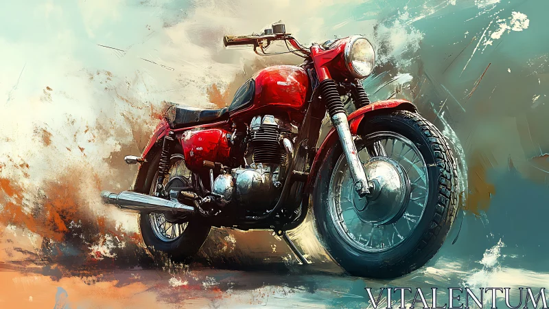 Classic red parallel-twin motorcycle in dynamic painterly motion