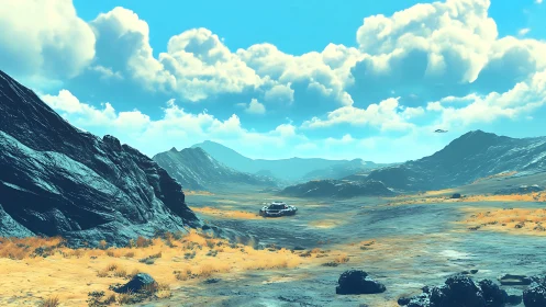 Futuristic rover crossing sunlit alien desert valley.