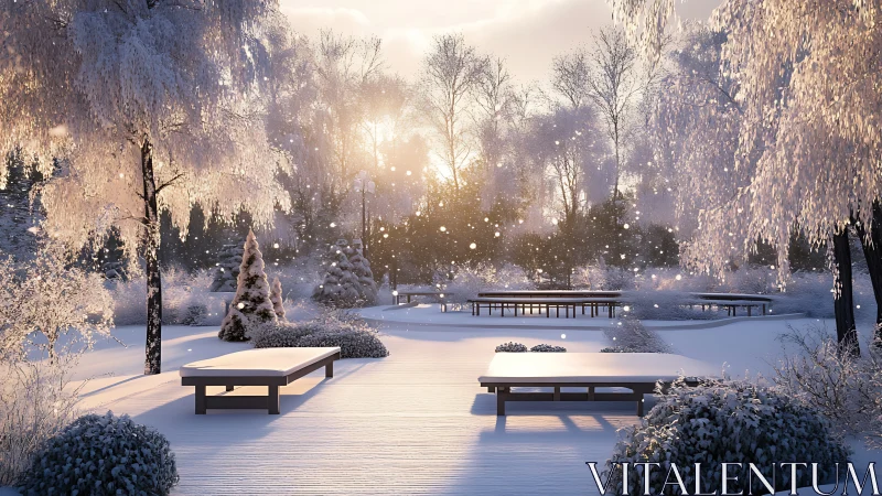 Sunlit winter park with benches in fresh snowfall.