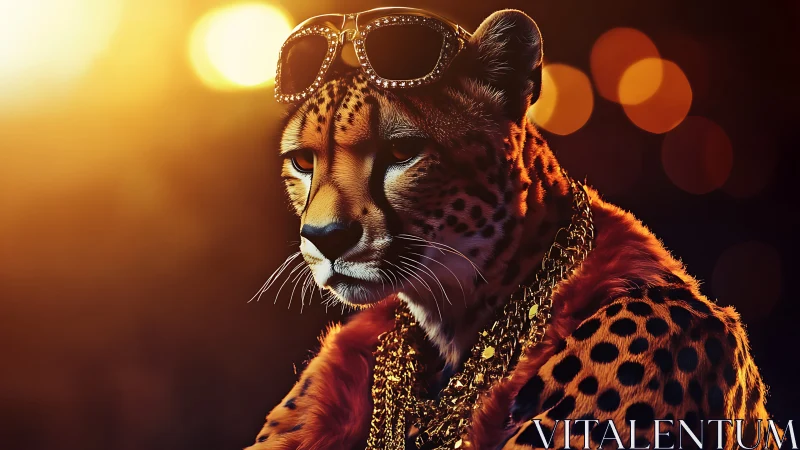 Jeweled Cheetah Portrait with Diamonds and Rhinestones Against Warm Bokeh