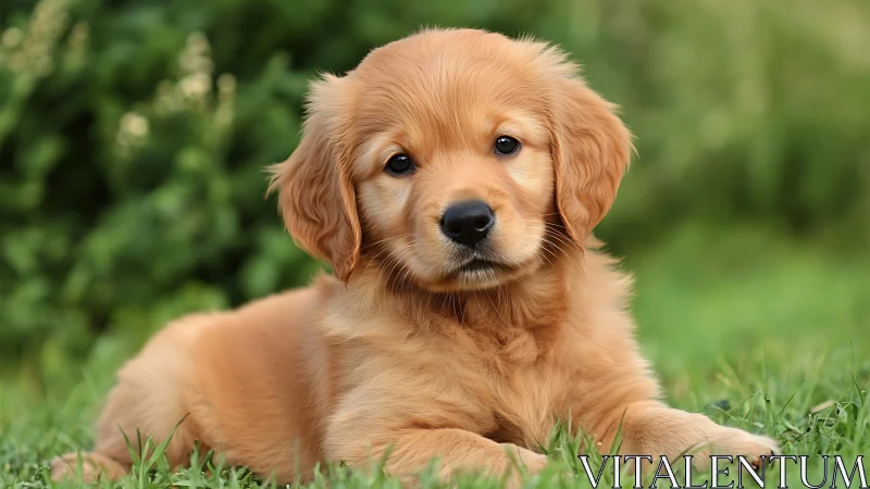 Golden retriever puppy captured in soft outdoor portrait lighting