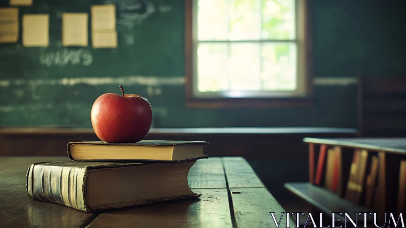 Stacked books and apple rest on worn classroom desk