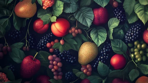 Digital still life of mixed summer fruit under lush leaves.