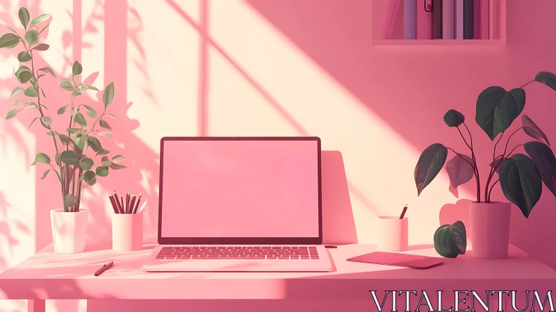 Minimalist desk with laptop and plants in pink lighting.