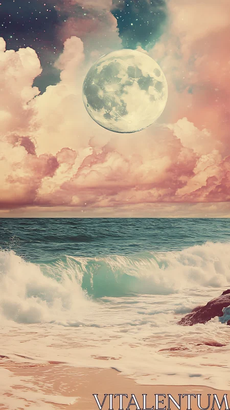Moonrise over cotton candy surf in a pastel dream seascape.