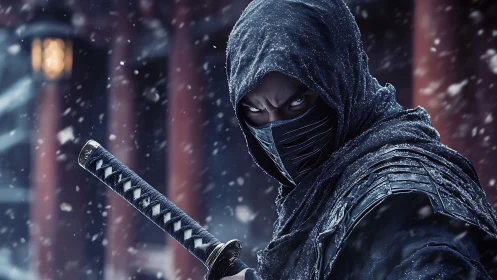 Hooded ninja grips katana in swirling snowy night storm.