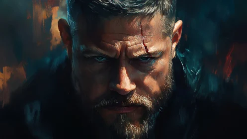 Scarred warrior portrait under smoldering cinematic light.