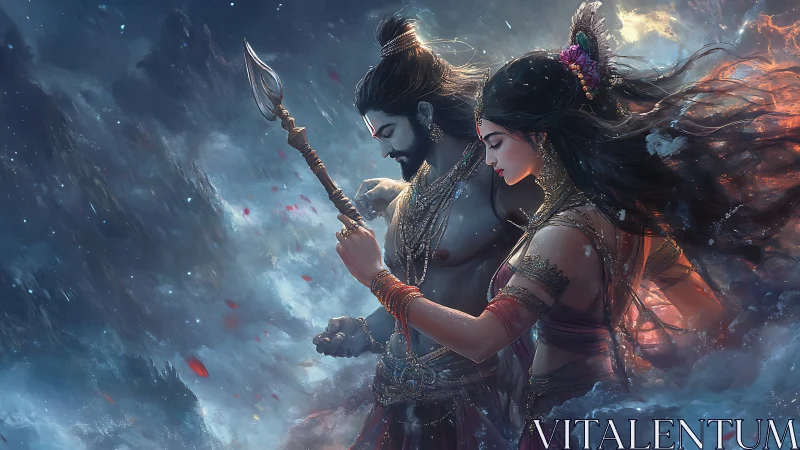 Two adorned figures stand in mist with staff and flowing garments