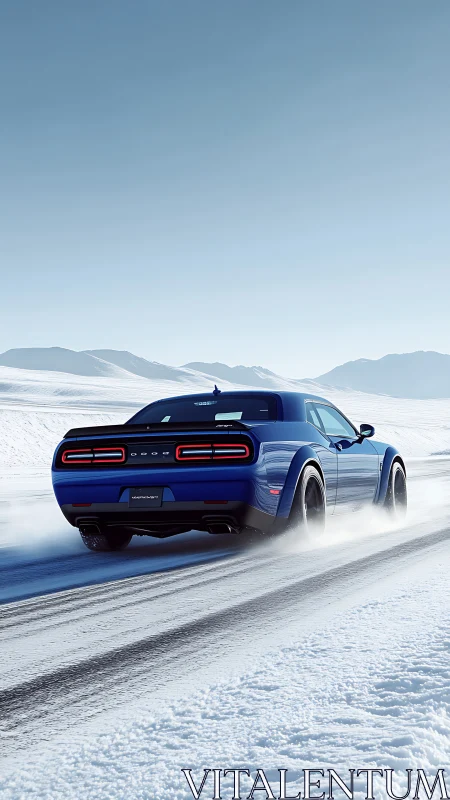 Muscle car powers through snowy mountain highway in sunlight.